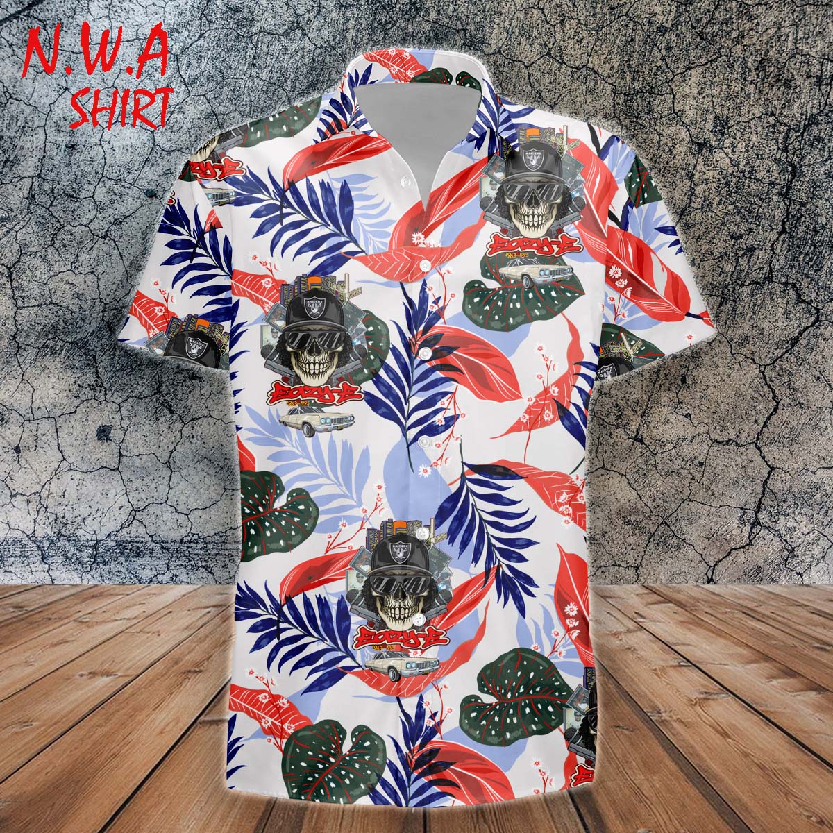 NWA Eazy-E Skull Face Tropical Leave Pattern Hawaiian Shirt NWA Eazy-E Skull Face Tropical Leave Pattern Hawaiian Shirt